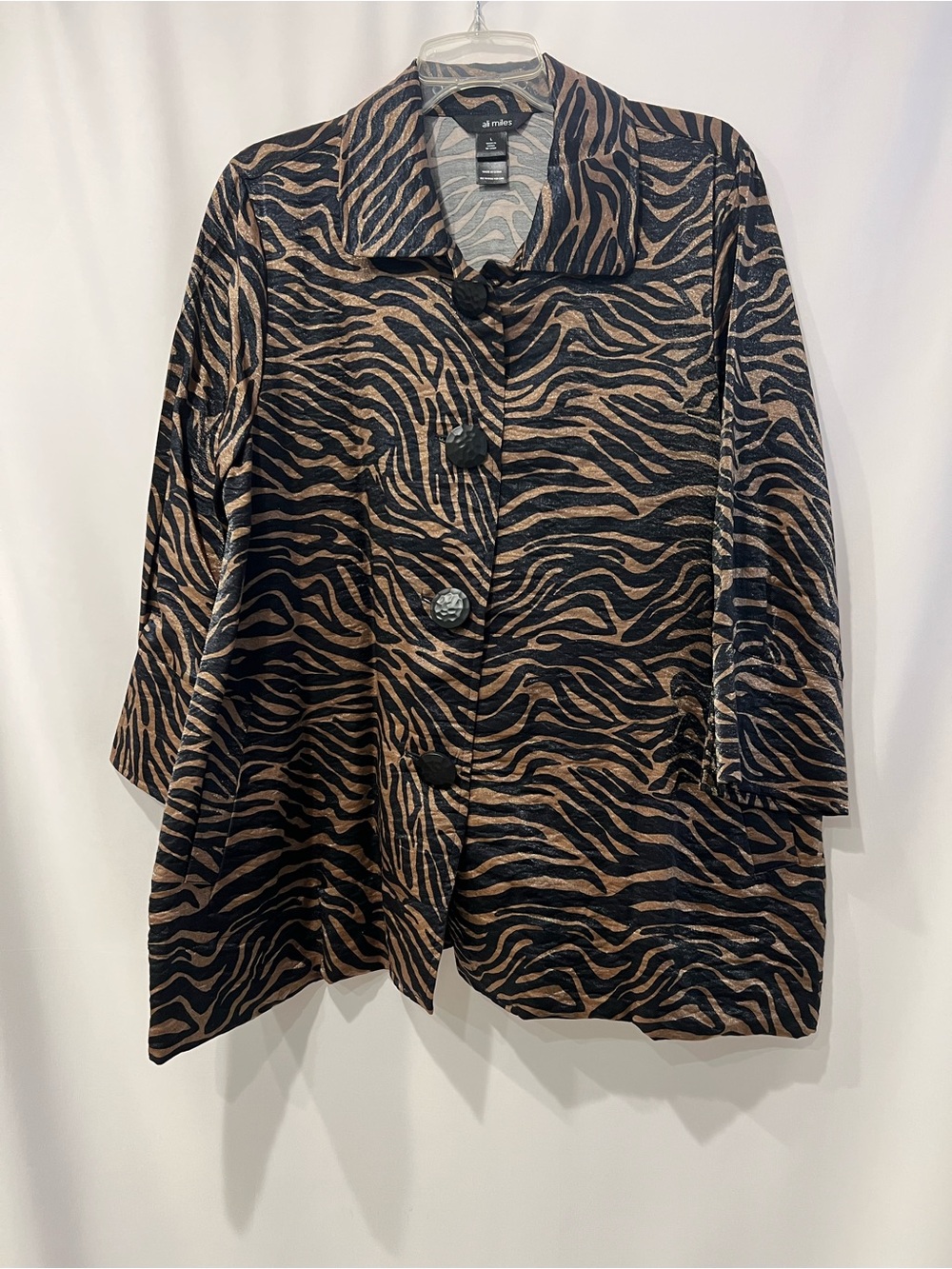 Ali Miles Black and Brown Zebra-Print Button Front Jacket or Blouse.  Size L